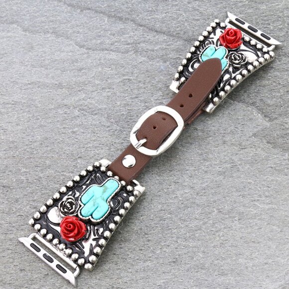 Wild Western Rose Boho APPLE WATCH Leather Turquoise Cactus Watch Band SM or LG